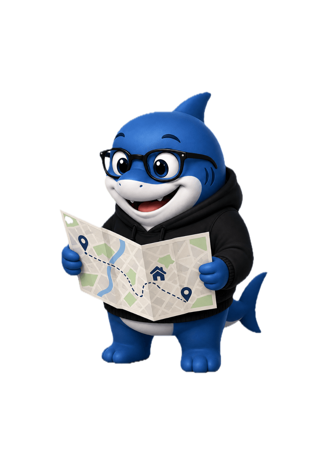 Sharkinho consultando um mapa para encontrar imóveis